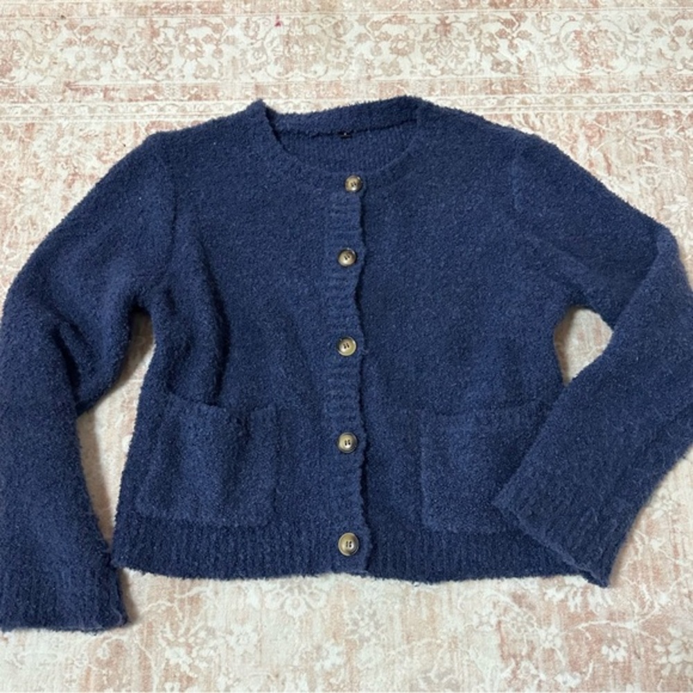 Cozy Fuzzy Blue Buttoned Cardigan - Picture 1 of 8